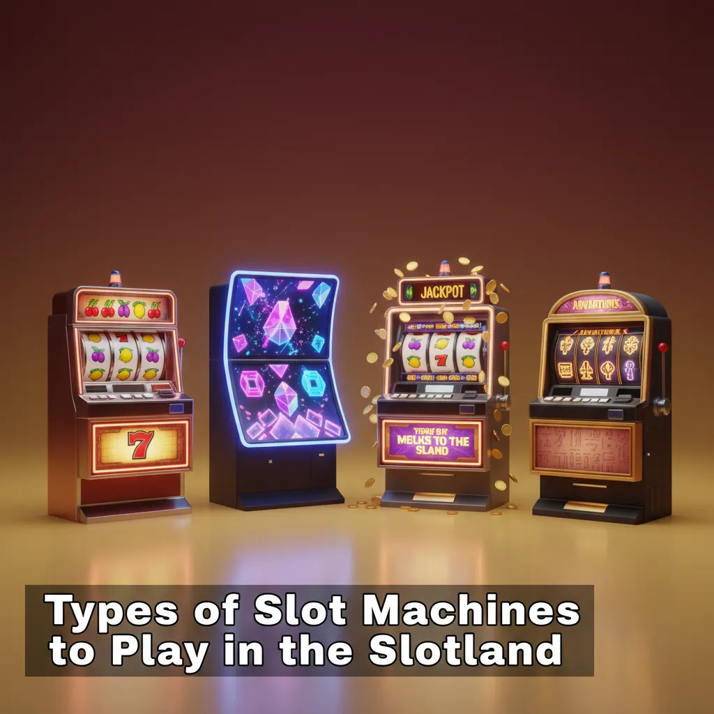 Graphic of Slotland slot types: classic 3-reel, video, Megaways, progressive jackpots, cluster pays, Hold & Win, high RTP.