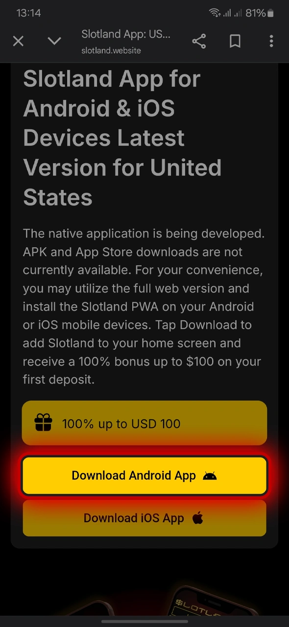 Tap the Download for Android button at Slotland Casino and start winning on mobile now.