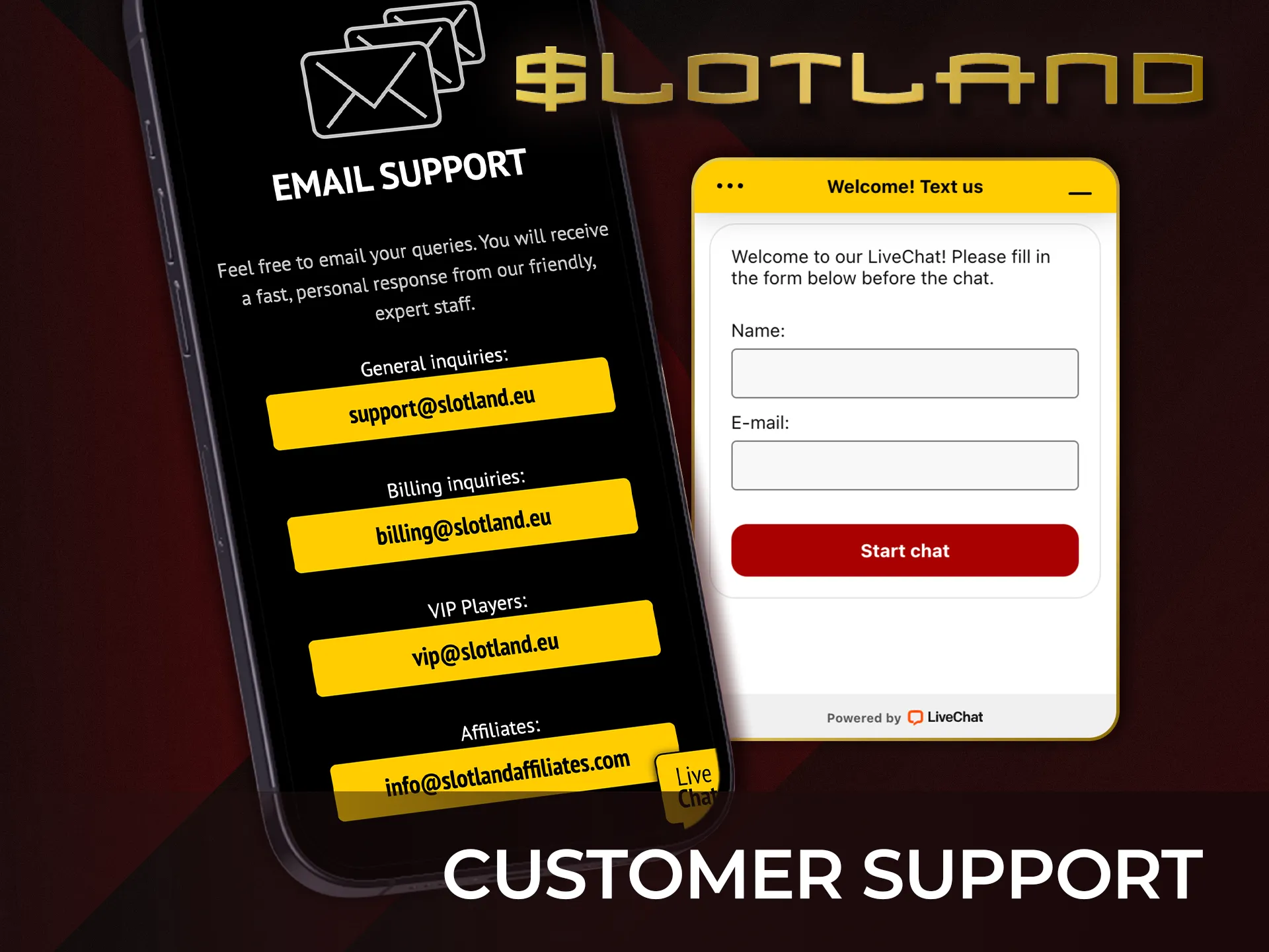 Get assistance from Slotland Casino support team on the mobile app now.