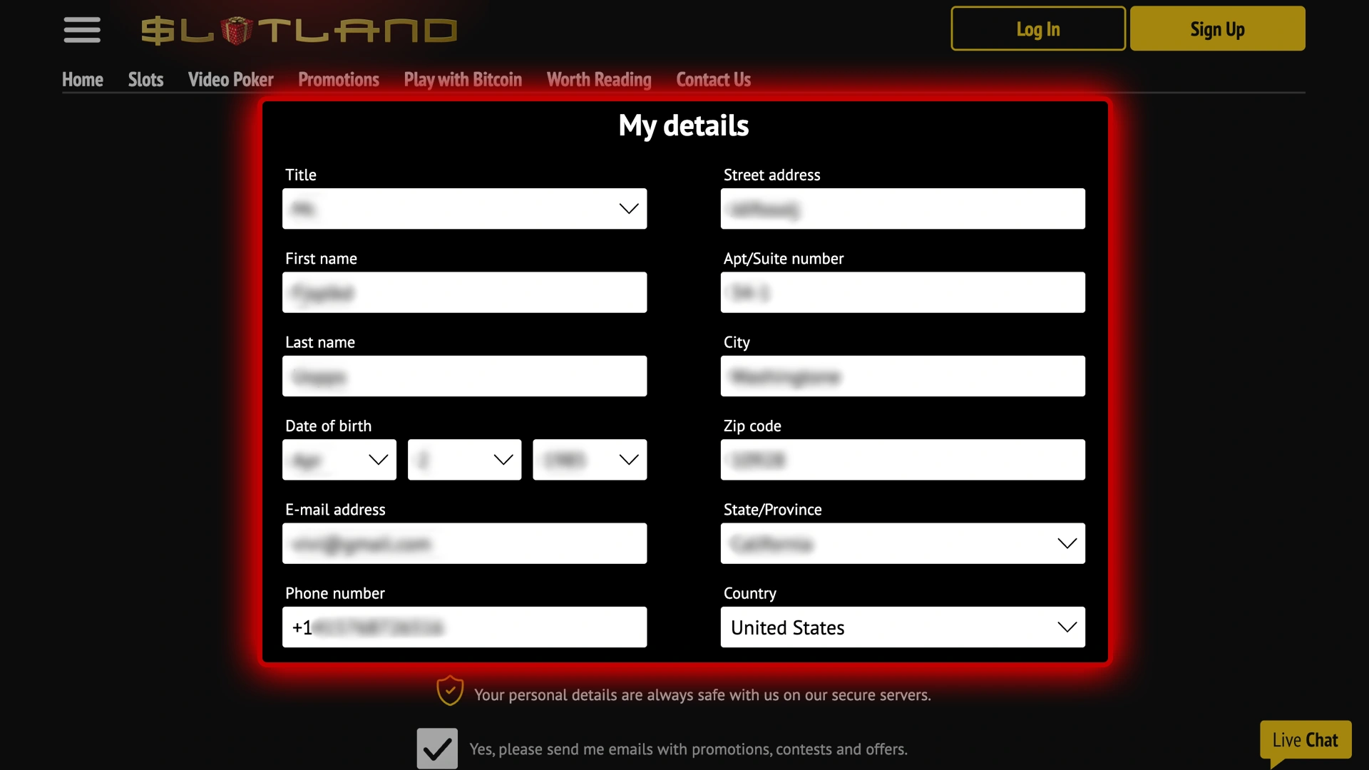 Check which personal details are required at Slotland Casino.