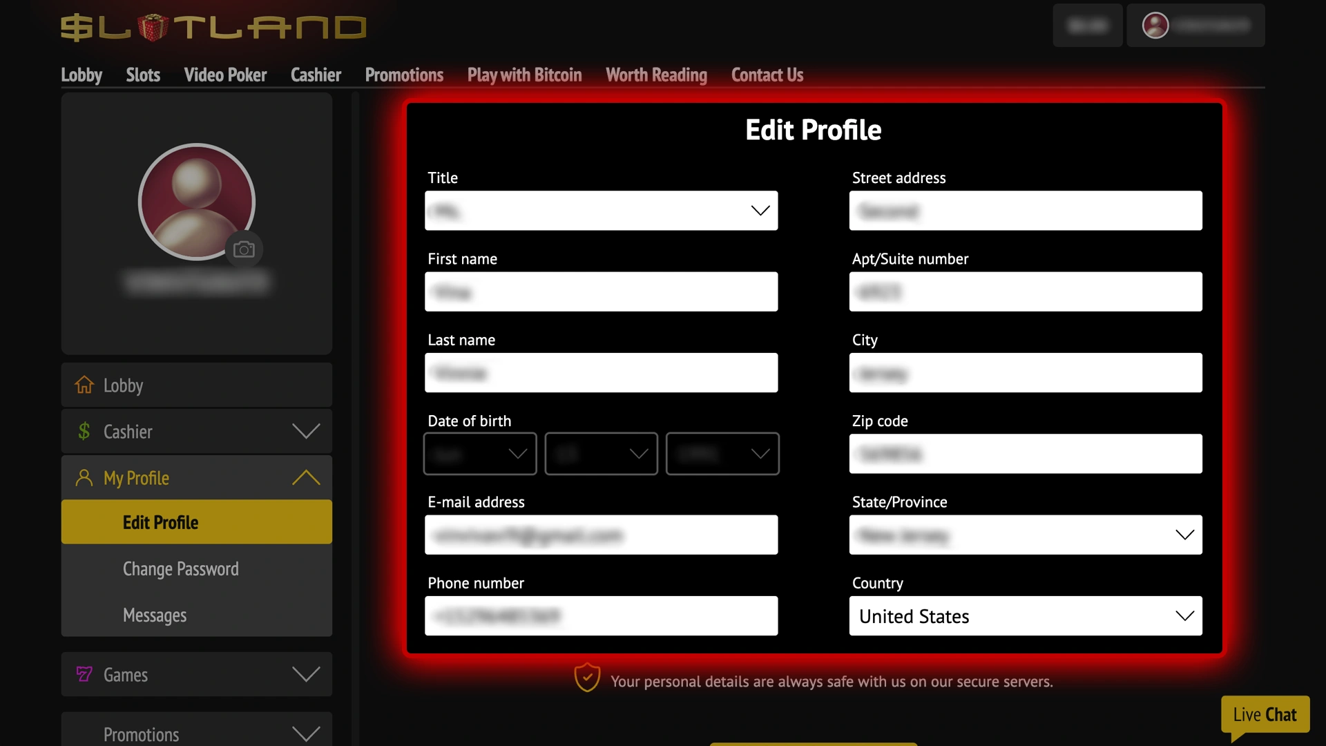 Discover where to add missing details at Slotland Casino.