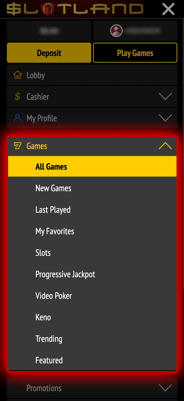Check how to navigate to games at Slotland Casino.
