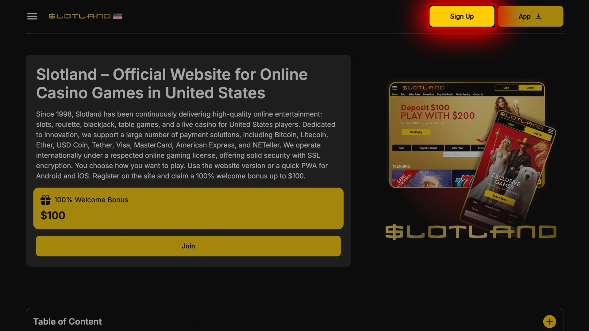 Discover where to click to sign up at Slotland Casino.