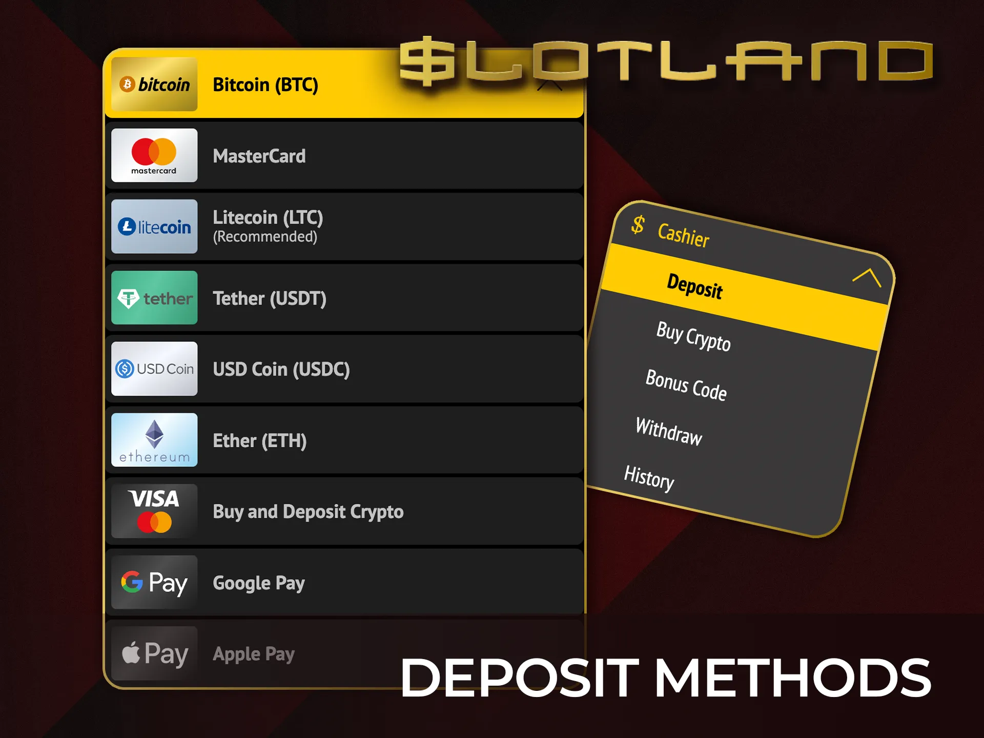Deposit at Slotland using popular methods for fast and secure payments.